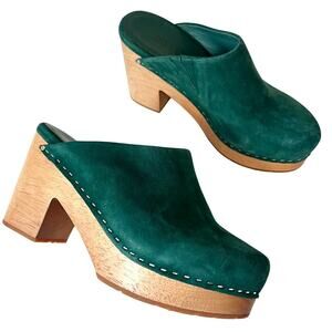Charlotte Stone Marlo Emerald Green Suede Wooden Block Heel Clogs Size 9